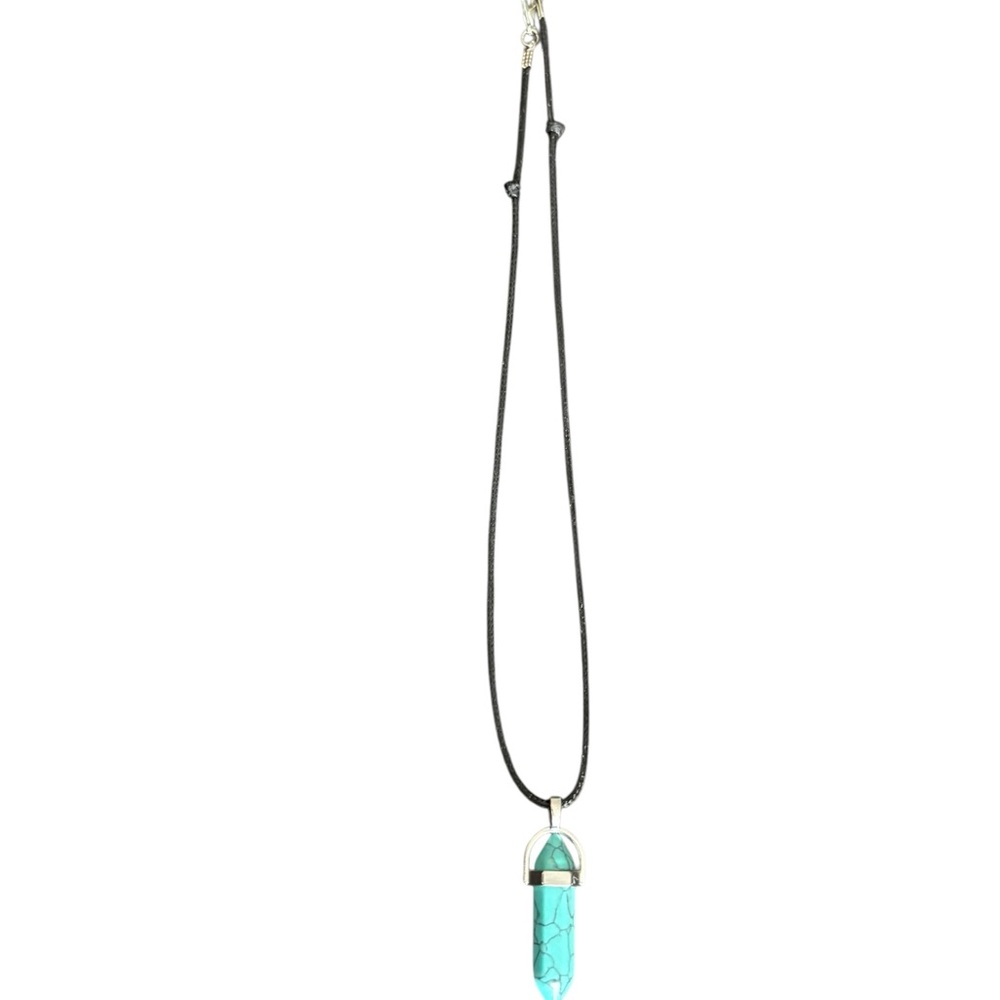 Turquoise Point Pendant Necklace – Faux Leather Cord, Silver-Tone,‎ 18”